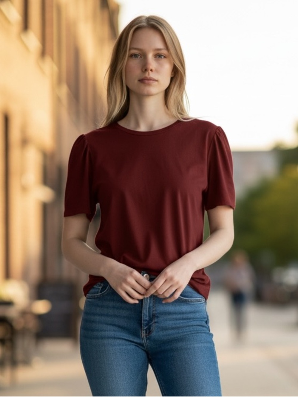 Industry Flutter Sleeve Top XS Maroon Burgundy Crew Neck Casual Tee